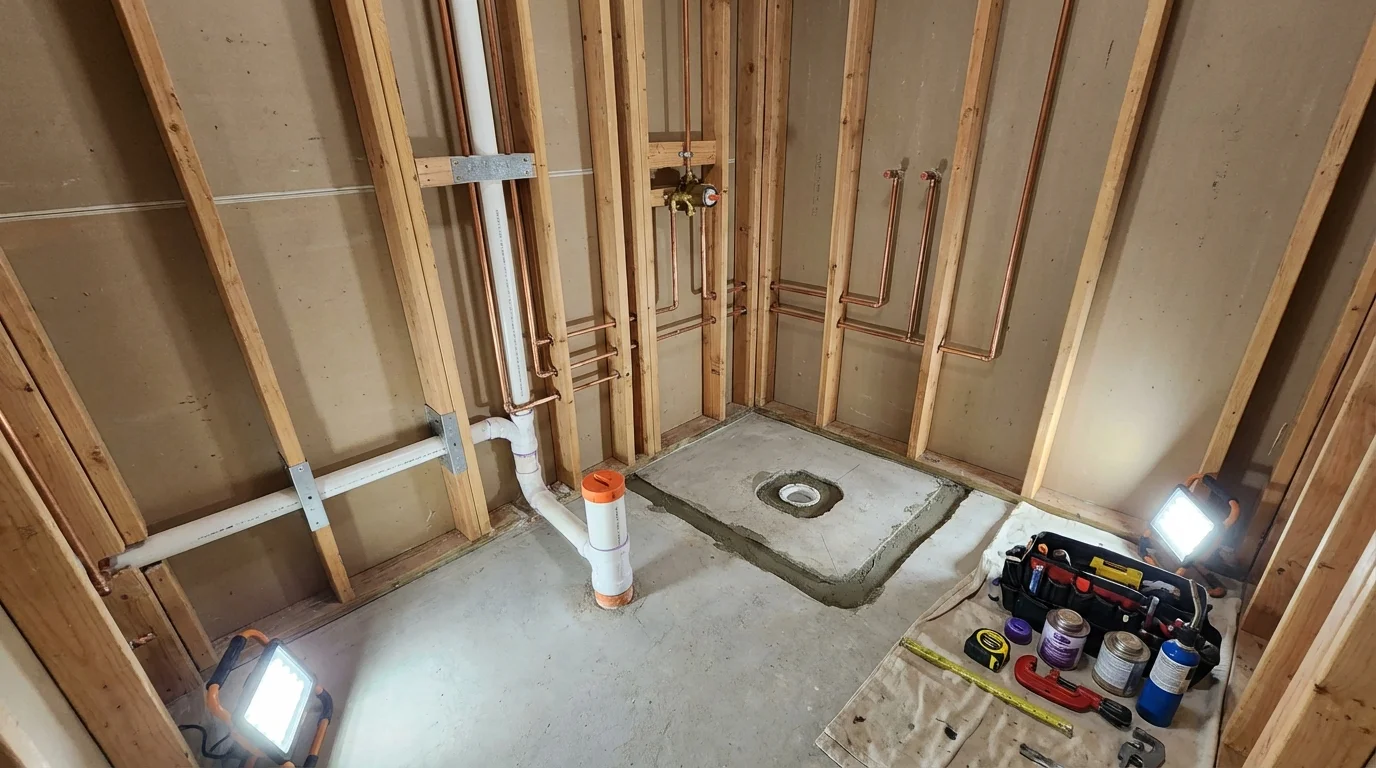 Bathroom rough-in plumbing during remodel by Johns Plumbing LLC in Ojai