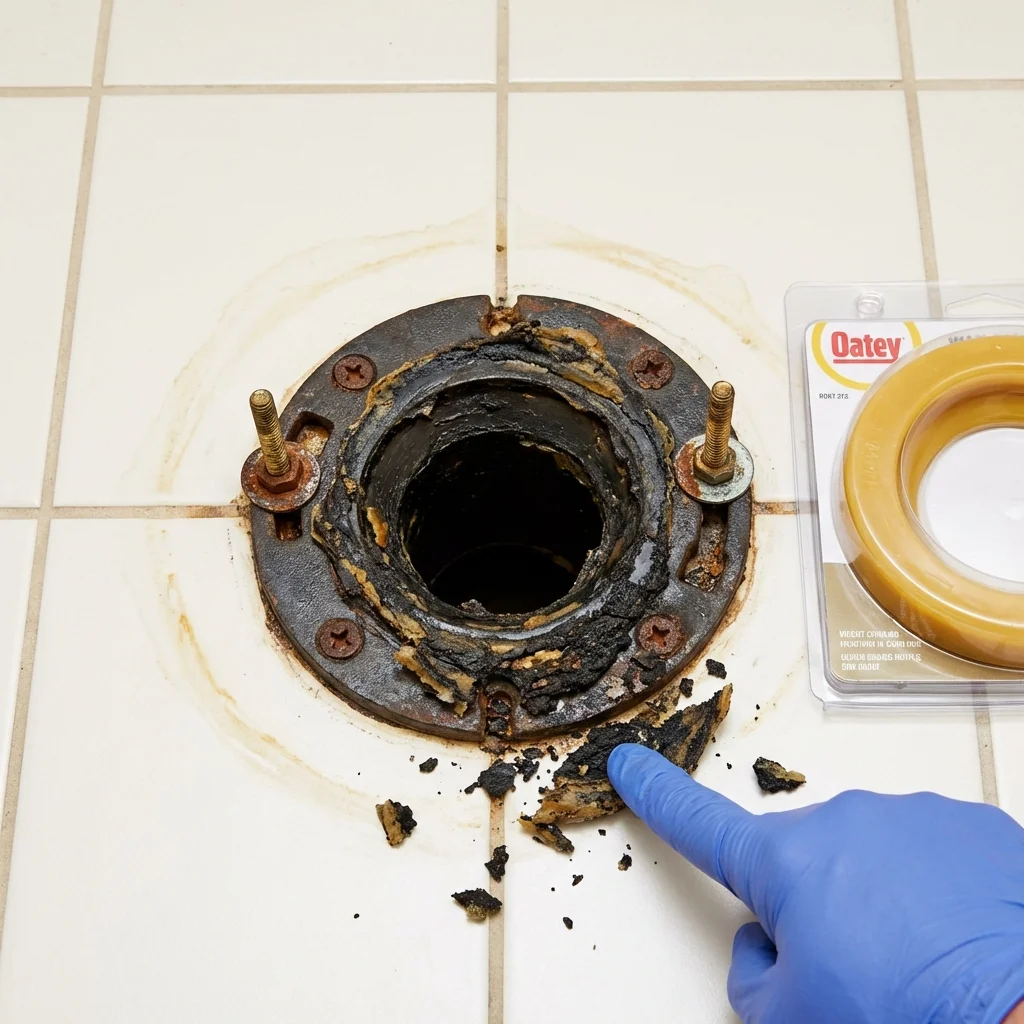 Failed wax ring showing water seepage at the base of a toilet in a Ojai, CA home