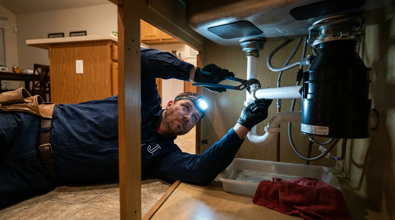 P-trap and supply line connections under a kitchen sink showing a common leak point in Ojai, CA